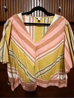 Striped V-Neck Puff Sleeve Top in Mustard and Pink by